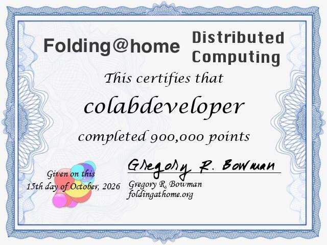 Certificado Folding@home concedido a colabdeveloper por 900.000 pontos concluídos