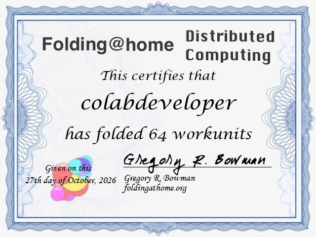 Certificado Folding@home concedido a colabdeveloper por 64 work units processadas em 27 de outubro de 2026